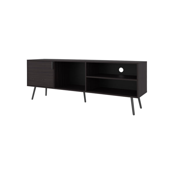 English Elm Mescal modern TV stand with concealed door and open shelving, conical legs, sleek storage center Wenge 68.5 L x 20.9 W x 5.1 H B128P263711