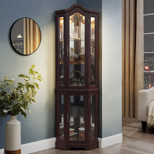 English Elm Lighted Vintage Display Cabinet with Carved Metal Handle, Adjustable Shelves, Hidden Drawer, LED Lighting Cherry W1758P297656
