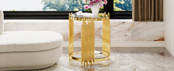 English Elm Modern Round Mirrored Glass End Table with Gold Metal Frame and Lower Display Shelf Transparent N735P380092K