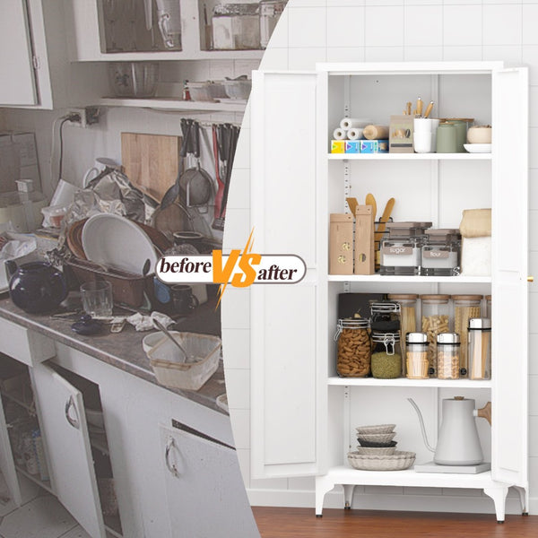 English Elm [metal Adjustable] Tall Steel Pantry Cabinet with Gold Handles and Four Shelves for Any Room White T3625P366651