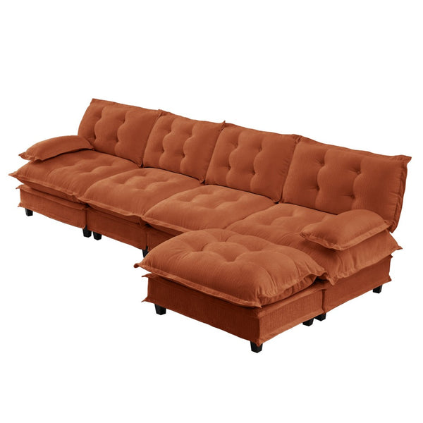 English Elm 138" Chenille Modular Cloud Sectional with Ottoman Deep Seat Lounge Sofa for Apartments Orange W714S01741
