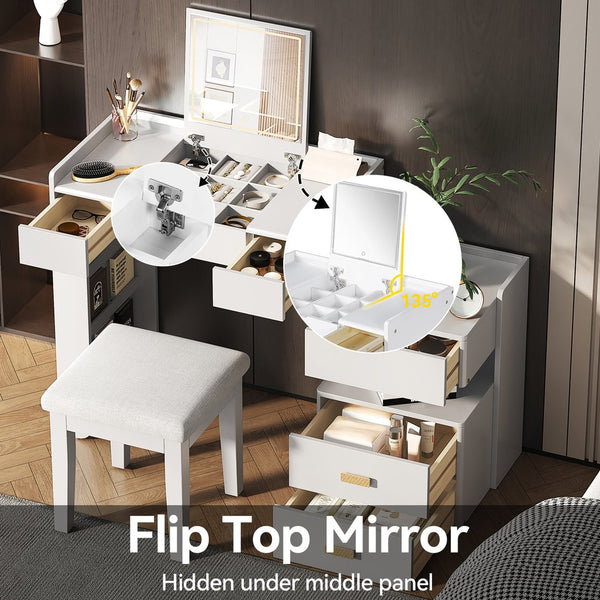 English Elm 3-in-1 Makeup Vanity Desk with Flip Mirror, LED 3-Color Lighting, Expandable Length & Ample Storage Drawers White N844P285298A