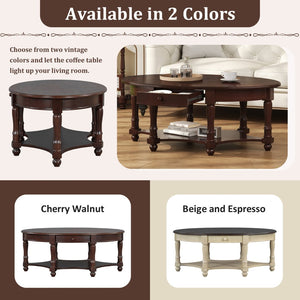 English Elm Vintage Oval Coffee Table With Drawer And Open Shelves, French Country Style Accent Table In Walnut N735P277388D-GIGA