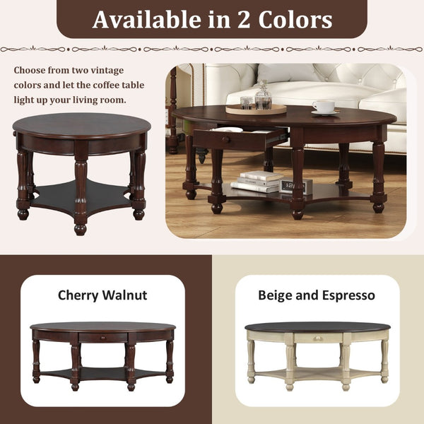 English Elm Vintage Oval Coffee Table With Drawer And Open Shelves, French Country Style Accent Table In Walnut N735P277388D-GIGA