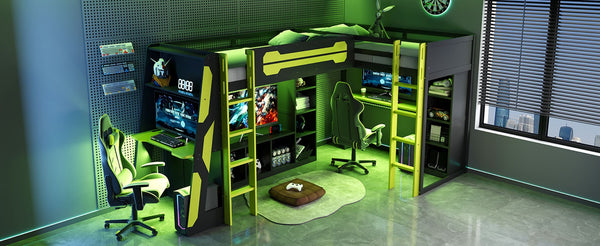 English Elm L-shaped Gaming Loft Bunk Bed Twin Wood Frame Rgb Lighting Usb Ports Storage Shelves Green LT000295AAG