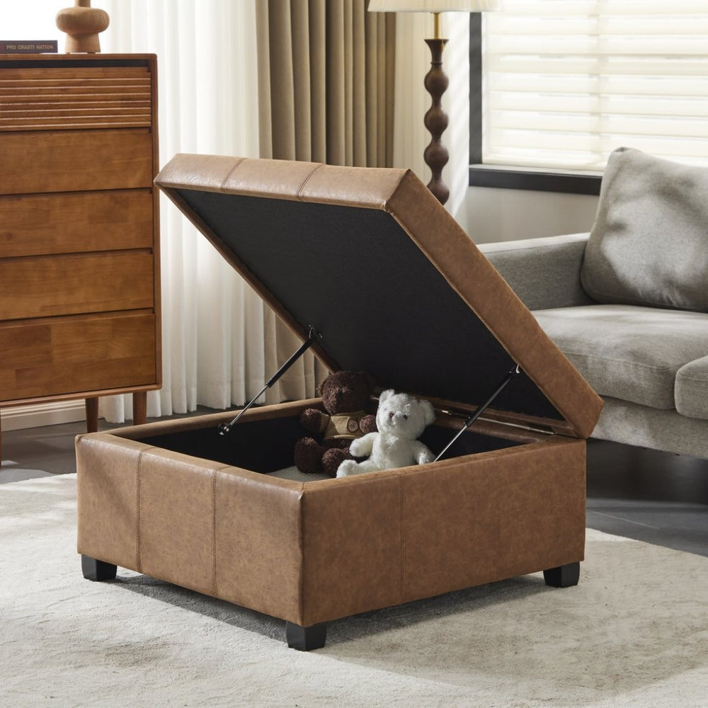 English Elm 35" Waffle-tufted Faux Leather Lift-top Ottoman with Hidden Storage and Birch Legs N767P356738B