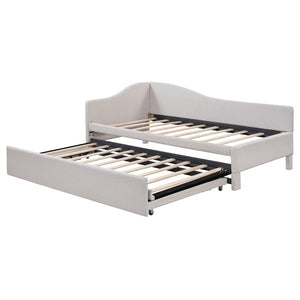 English Elm Twin L-shaped Linen Upholstered Daybed with Hydraulic Pop-up Trundle for Guest Rooms Beige SF000193AAA-1