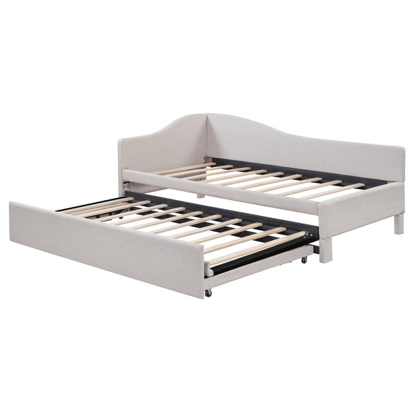 English Elm Twin L-shaped Linen Upholstered Daybed with Hydraulic Pop-up Trundle for Guest Rooms Beige SF000193AAA-1