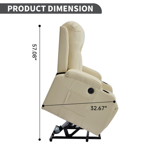 English Elm Beige Pu Leather Power Lift Recliner with Massage Lumbar Heat and Usb Charging Beige W1803S00085
