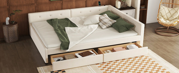 English Elm Queen Upholstered Platform Bed with Linen, 2 Storage Drawers & USB Ports, Beige, Sturdy 600lb Capacity DL000586AAA