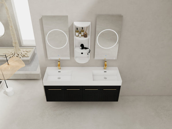 English Elm 60 Inch Wall-Mounted Bathroom Vanity With Double Resin Sink & Stylish Storage Rack, Easy Assembly W999S00372