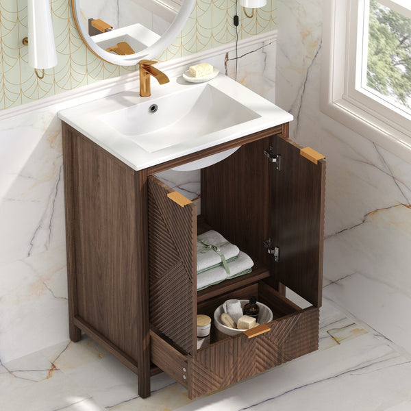 English Elm Christopher Knight Home® - 24 24-Inch Bathroom Vanity with Ceramic Sink, Textured Panels, Soft-Close Drawer & Large Storage Brown N817P339017B