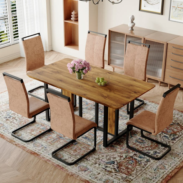 English Elm Table 67"X36" Modern Dining Set With 6 Ergonomic Brown Chairs & Stylish Black Metal Legs For Comfort W1151S01956-GIGA