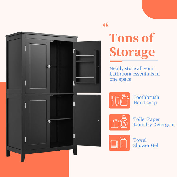 English Elm Elegant Bathroom Floor Storage Cabinet with 4 Doors, Adjustable Shelves, Anti-Tip Design, 28"L x 15"W Black N725P188461B