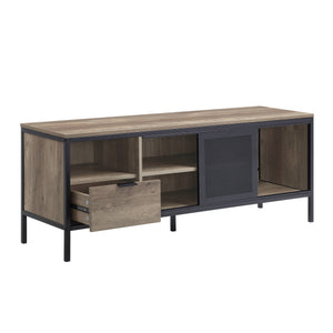 English Elm Nantan Rustic Oak TV Stand with Black Metal Frame, 1 Drawer & 4 Compartments for Up to 50" B2726P278164