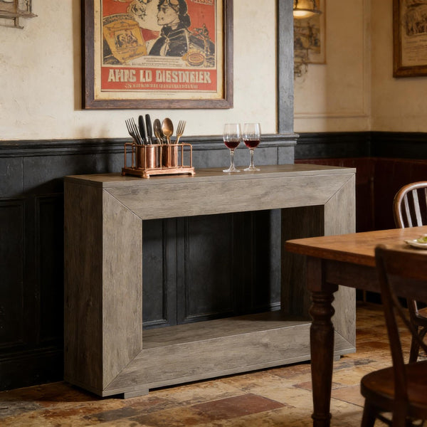 English Elm Entryway Console Table with Sculptural Stacked Wood Panels and Open Arc Base T3971P451473