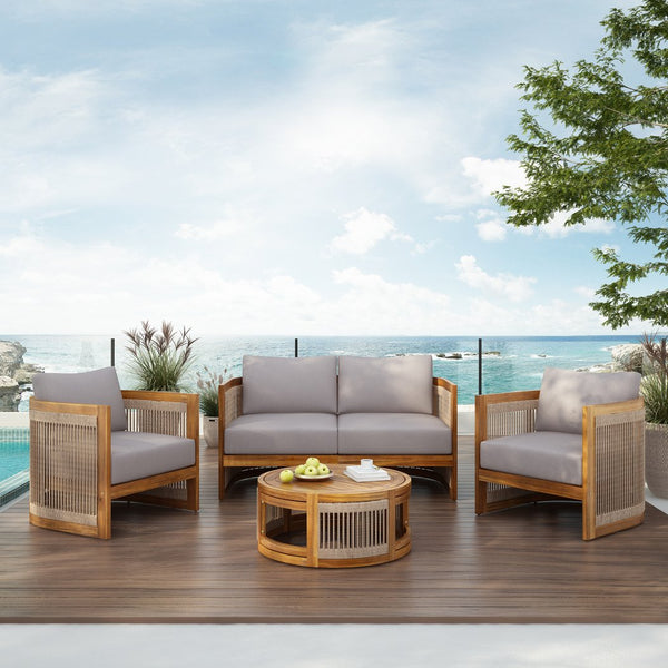 English Elm Christopher Knight Home® - 4-Piece Patio Seating Group Premium Acacia Wood Outdoor Set with Curved Tub Design & Woven Rope Accents, Water-Resistant Cushions and Slatted Table Finish Grey,Teak N767P269282E