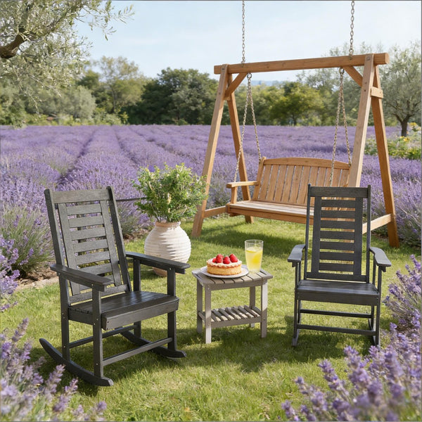 English Elm Black Hdpe Slatted High Back Rocking Chair Set for Porch Patio Deck Outdoor Use Dark Gray T3971P444244