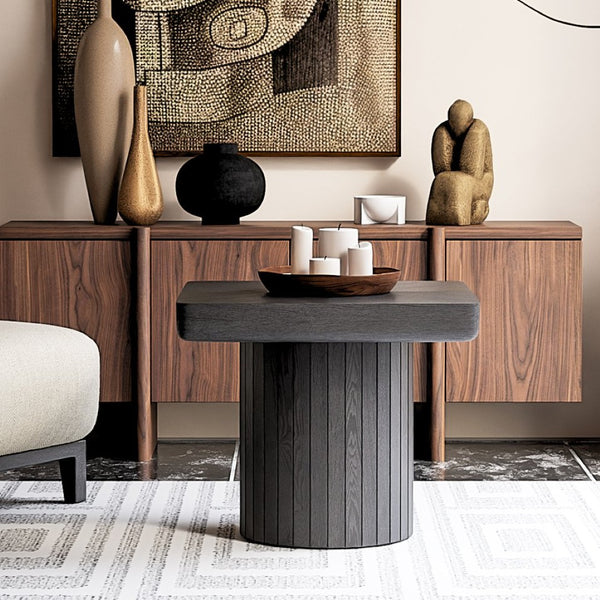 English Elm 23.6'' Square Wood Veneer Accent Table Parquet Top Sculptural Cylindrical Base Matte Finish W1435P419310