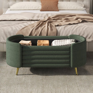 English Elm Modern Boucle Tufted Storage Ottoman Bench with Gold Legs for Bedroom or Entryway Green N719P305628F