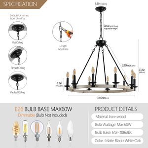 English Elm 32" Rustic Farmhouse 10-Light Chandelier in Matte Black & White Oak, Round Iron Wood Hanging Fixture W1340P221222