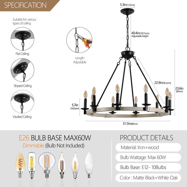 English Elm 32" Rustic Farmhouse 10-Light Chandelier in Matte Black & White Oak, Round Iron Wood Hanging Fixture W1340P221222