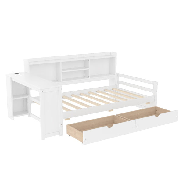 English Elm Twin Corner Daybed Pine Frame Built in Desk Bookcase Drawers Charging Kids Room White W697S00041