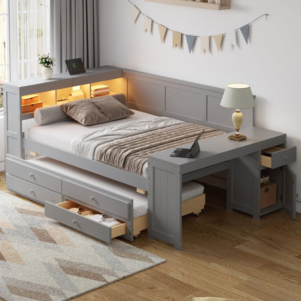 English Elm Full Size Pine Wood Platform Daybed with Led Headboard Desk Storage and Charging Gray N7090000475E-1