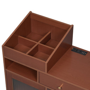 English Elm Modern Makeup Vanity Desk with Reeded Glass Door, 4-Compartment Cubby, Charging Port & Stool Comfortable Craftsmanship for Compact Spaces Walnut N844P285187W