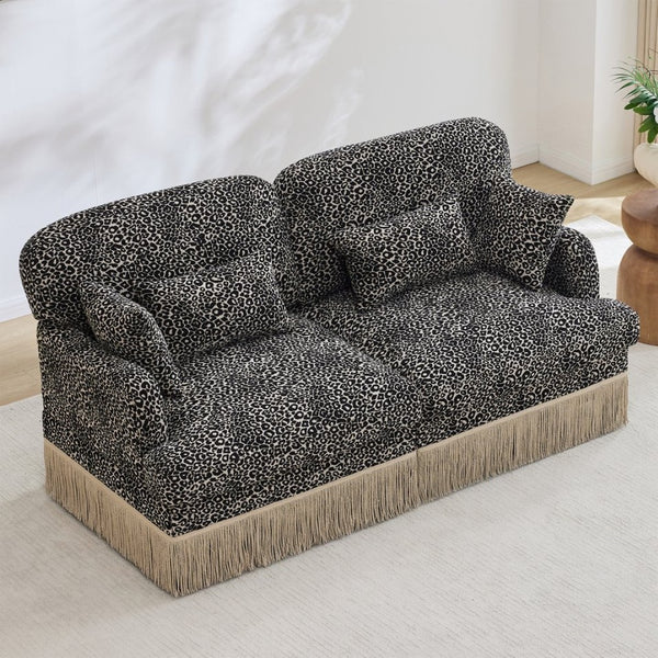 English Elm Comfy Chenille Leopard Print Loveseat with Tassel Trim Modular Sectional for Living Room Khaki W5656S00019