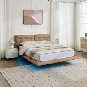 English Elm Christopher Knight Home® - Queen Plush Leather Upholstered Bed Frame with Wingback Headboard, Wavy Footboard, Quiet Support khaki 37.59 L x 32.25 W x 13 H N761S0000022M