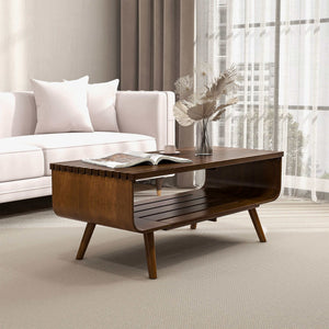 English Elm Ashcroft Furniture - Alice Solid Wood Coffee Table Walnut with Slatted Storage, Flared Legs, Space-Saving 46"L x22"H B183P201598