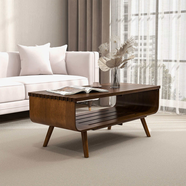 English Elm Ashcroft Furniture - Alice Solid Wood Coffee Table Walnut with Slatted Storage, Flared Legs, Space-Saving 46"L x22"H B183P201598