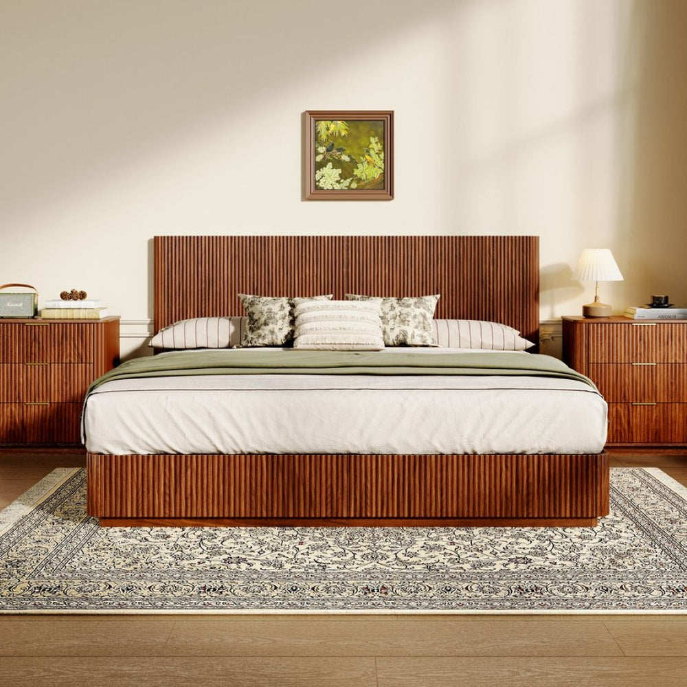 English Elm Queen Bed Frame with Led Lighting Curved Groove Panels and Floating Base Modern Bedroom Walnut W1820S00051