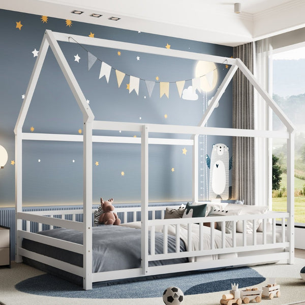English Elm Twin Pine House Frame Floor Bed with Peaked Roof and Fence Guardrails for Kids White W1858P389981