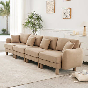 English Elm Boucle 4-Seater Sofa With Shell Armrests & Cylindrical Legs, Coffee Color - Plush Comfort & Style W3041S00287