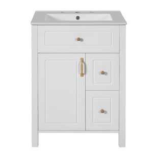 English Elm 24-Inch Bathroom Vanity with Ceramic Sink, Soft-Close Door & Drawers, Gold Handles, Durable Wood Elegance White N729P192078K
