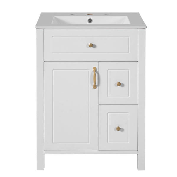 English Elm 24-Inch Bathroom Vanity with Ceramic Sink, Soft-Close Door & Drawers, Gold Handles, Durable Wood Elegance White N729P192078K