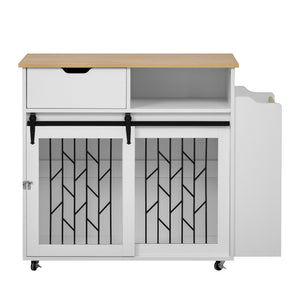 English Elm 2 IN 1 Modern Dog Crate Kitchen Island with Storage, Rolling Lockable Casters, Sliding Doors & Drawer N843P256452R