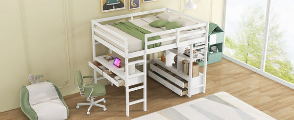 English Elm Full Size Loft Bed Pine Wood Frame with Desk Four Drawers and Shelves in White SM000320AAK-1
