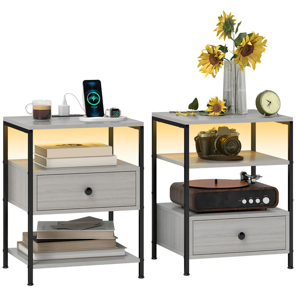 English Elm Homcom 3-Tier End Tables With Usb Charging, Rgb Led Lights & Storage Drawers For Modern Living Spaces W2225P229087