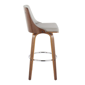 English Elm Gianna Mid-Century Barstool Set of 2 — Walnut Wood Frame, Light Grey Faux Leather, Swivel & Chrome Footrest B202S00586