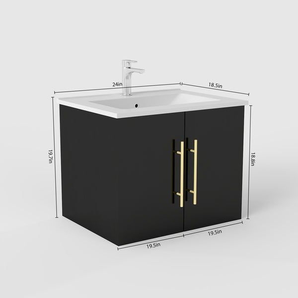 English Elm 24-Inch Wall-Mounted Bathroom Vanity With Gold Accents, Soft-Close Doors & Ample Storage Space W3151S00034