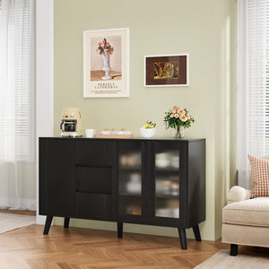 English Elm Farmhouse Buffet Cabinet with Pop-Up Doors and 3 Drawers — Rustic 55.5" Sideboard for Dining Room Black T3623P408215