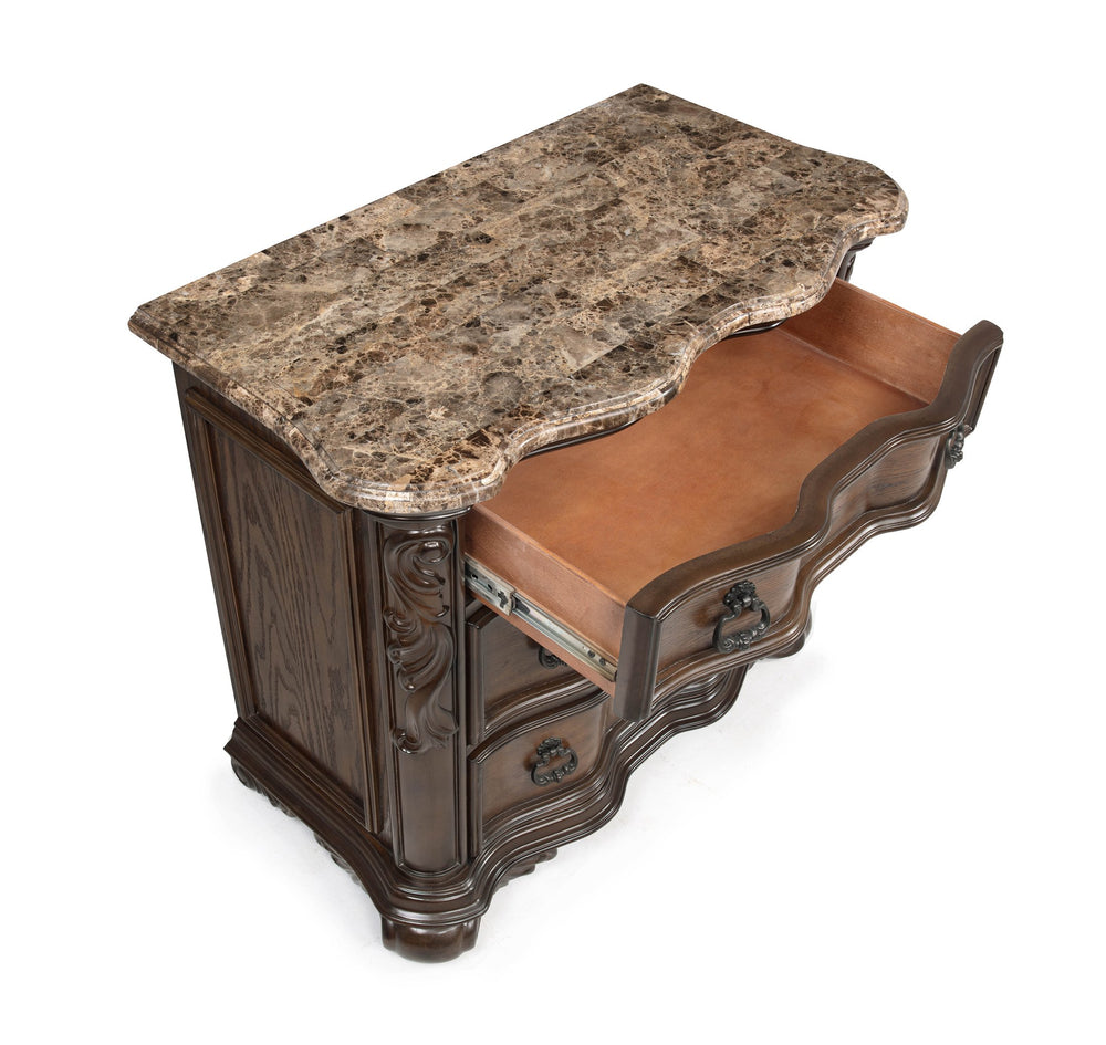 English Elm 1pc Marble Top Nightstand with Three Drawers, Intricate Moldings & Curved Silhouette, Coffee Finish B2741P366056