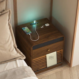 English Elm Nightstand Smart Bedside Cabinet with Led Strip Charging Station and Voice Night Light Wood W1321P413949