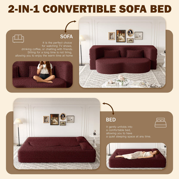 English Elm Modern Full Size Folding Sofa Bed with Teddy Fabric, 15" Foam Sleeper, Removable Covers & 2 Pillows for Guests Burgundy W1885P308173