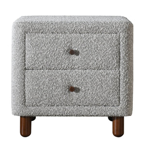 English Elm Grey Boucle Curved 2-Drawer Upholstered Nightstand with Wooden Legs — Midcentury Chic Storage Accent B062P209004