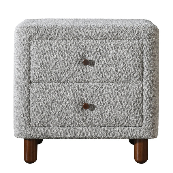 English Elm Grey Boucle Curved 2-Drawer Upholstered Nightstand with Wooden Legs — Midcentury Chic Storage Accent B062P209004