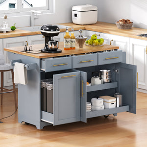 English Elm K&K Vintage Kitchen Island with Rubberwood Top, Hidden Wheels, Pull-Out Trash & Charging Station Grey+Blue N707P299014G
